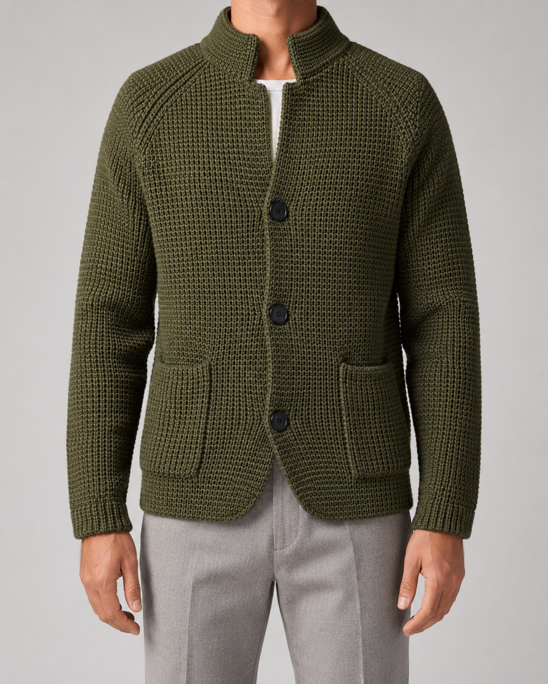 Men's Chunky Knit Cardigan Sweater - Stand Collar