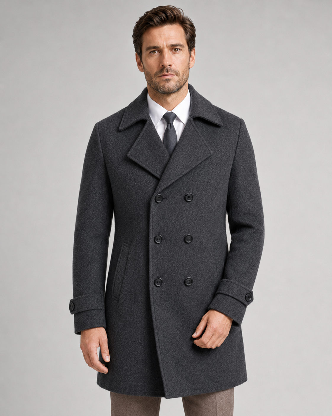 Men's Wool Overcoat - Double Breasted Wide Lapel