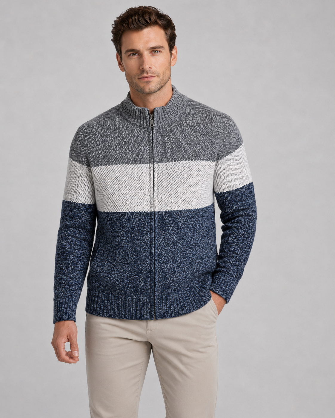 Men's Full Zip Cardigan Sweater - Color Block Stand Collar