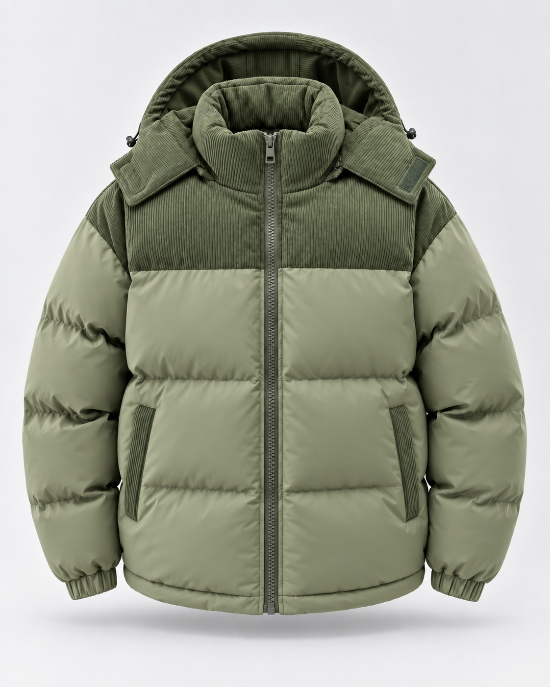 Men's Puffer Jacket - Hooded Corduroy Panel