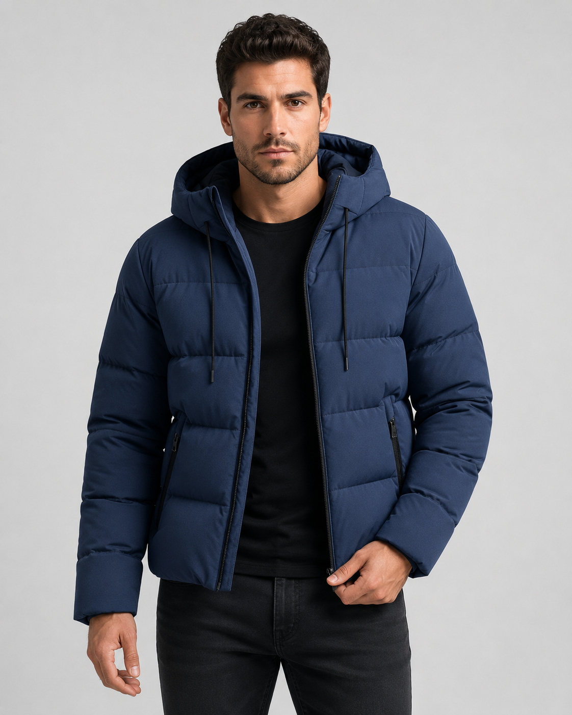 Men's Winter Puffer Jacket - Hooded Zip Pockets