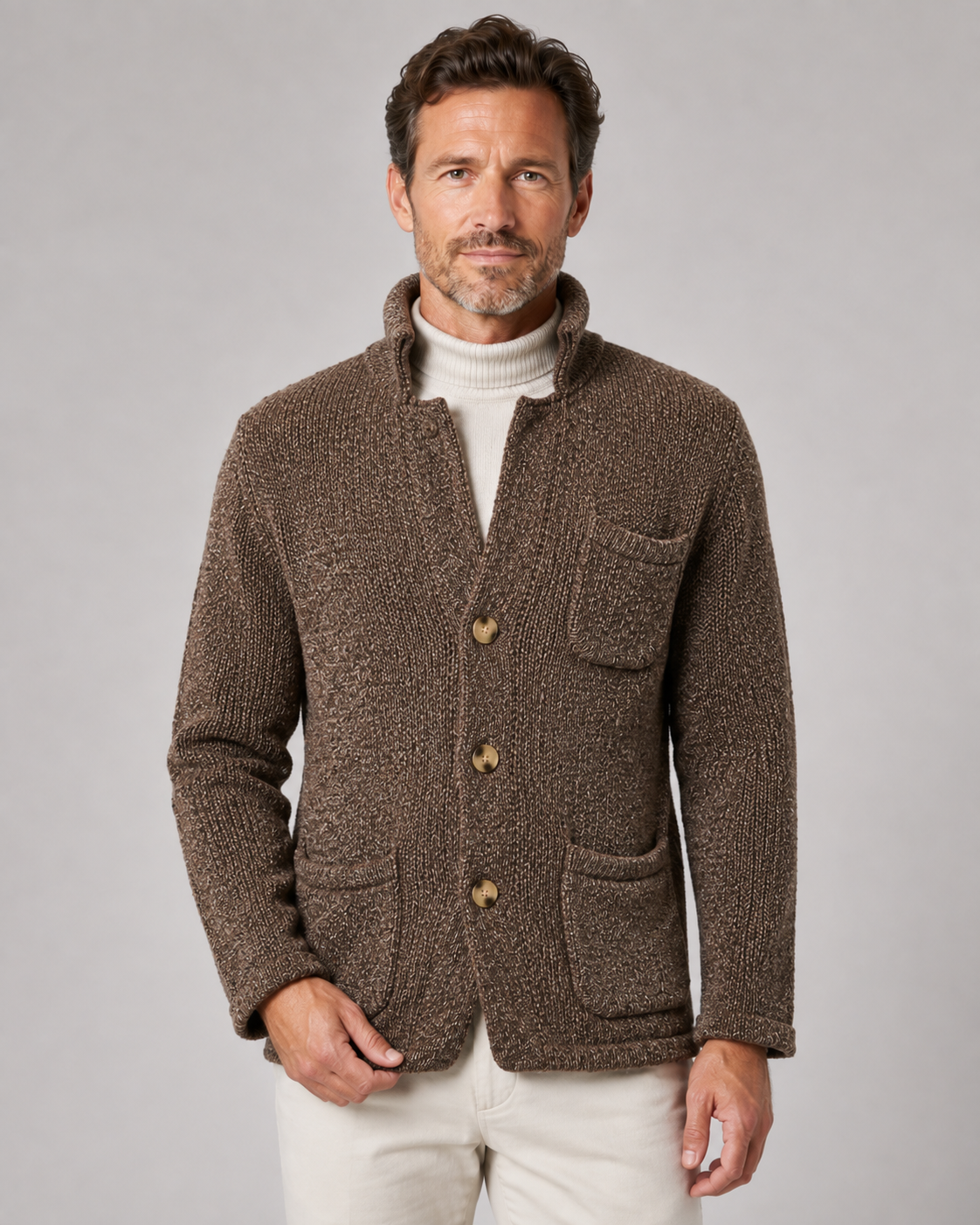 Men's Knit Cardigan Sweater - Button Front Stand Collar