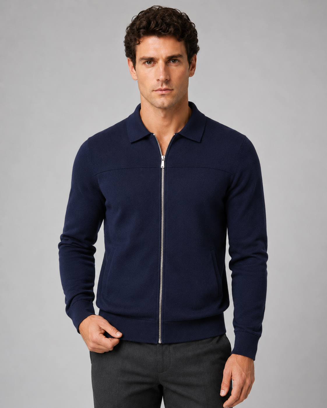 Men's Full Zip Cardigan Sweater - Collared Knit Regular Fit