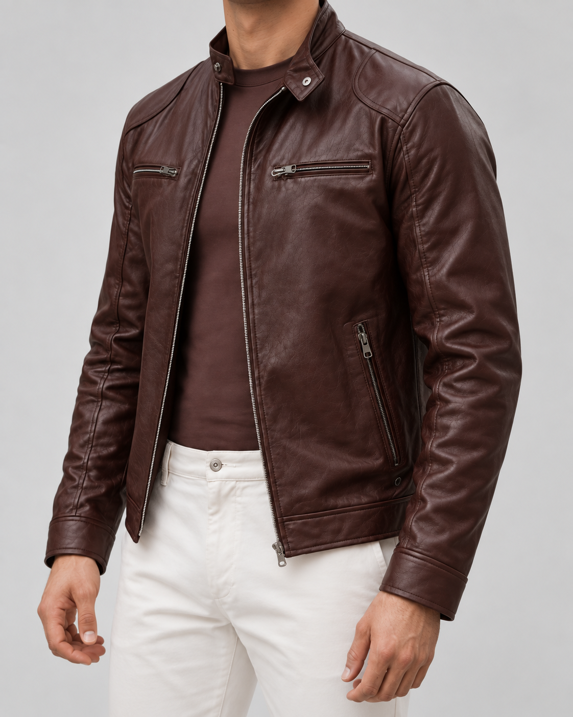 Men's Leather Racer Jacket - Zip Up Stand Collar