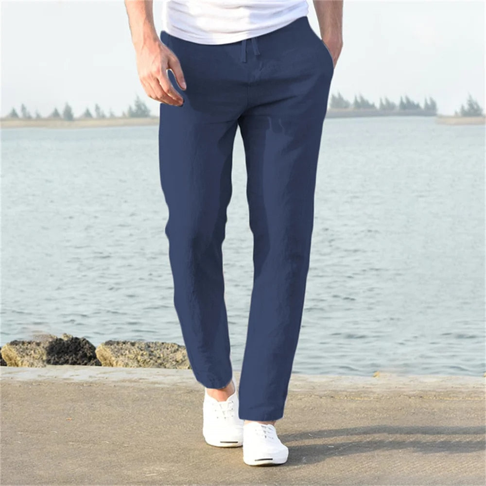 Men's Linen Pants with Drawstring Waist and Relaxed Tapered Leg