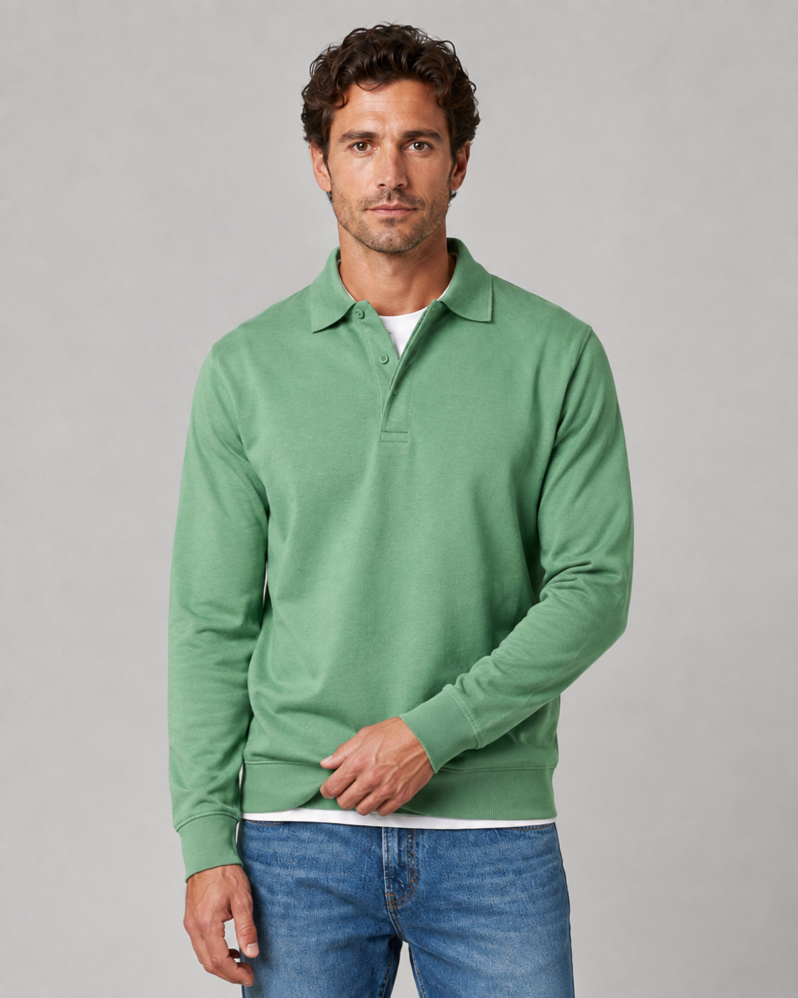 Men's Long Sleeve Polo Sweater - Collared Button Neck
