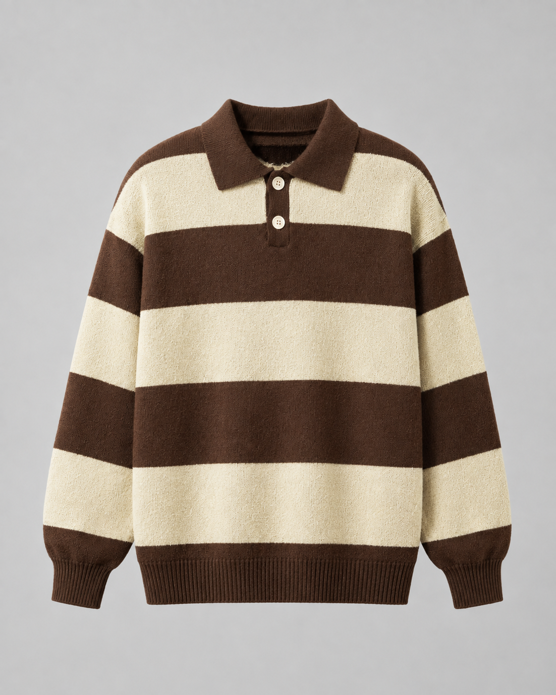Men's Rugby Polo Sweater - Striped Knit Long Sleeve Relaxed Fit