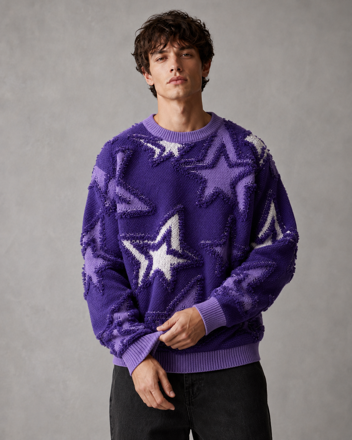 Men's Star Knit Sweater - Textured Graphic Crew Neck