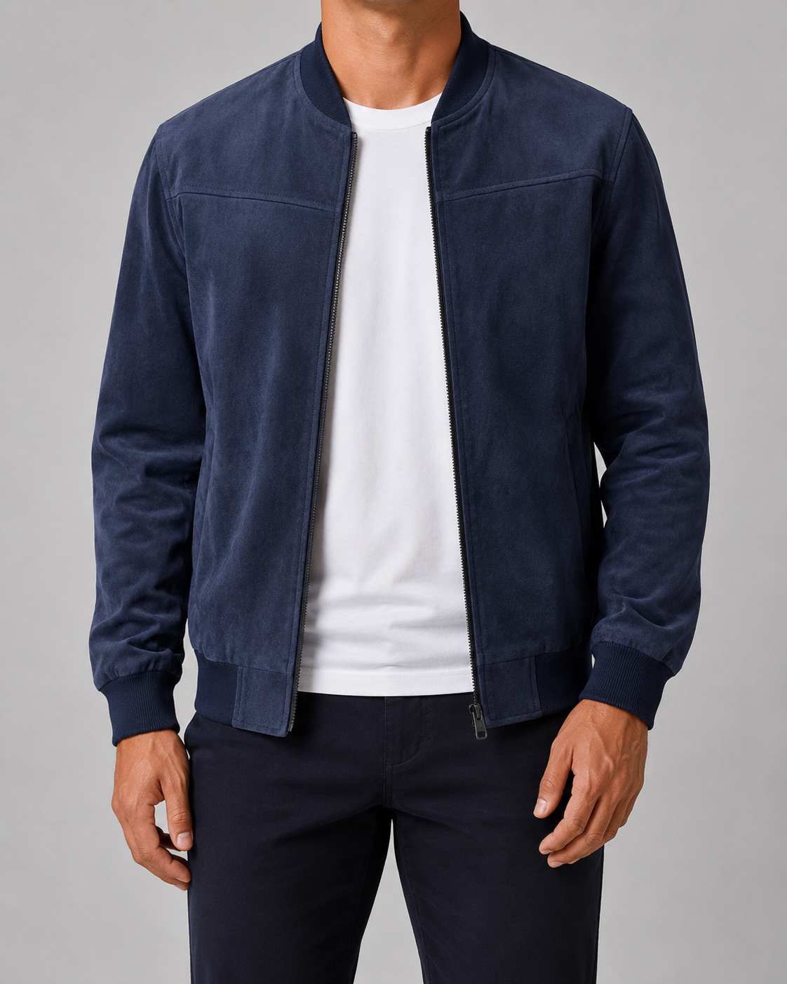 Men's Suede Bomber Jacket - Zip Up Casual Fit