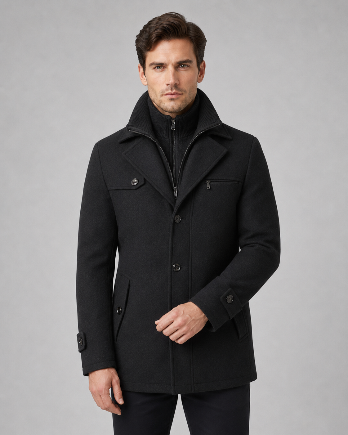 Men's Wool Coat - Funnel Neck Zip Insert Tailored Fit