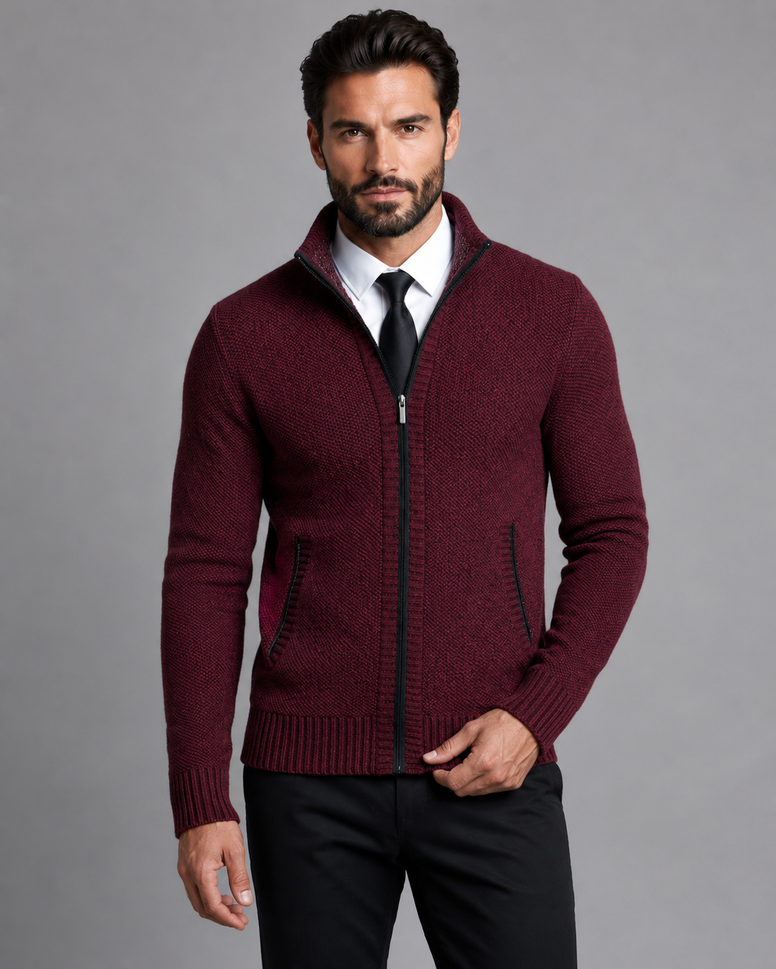 Men's Zip Up Sweater - Textured Knit Funnel Neck Pullover