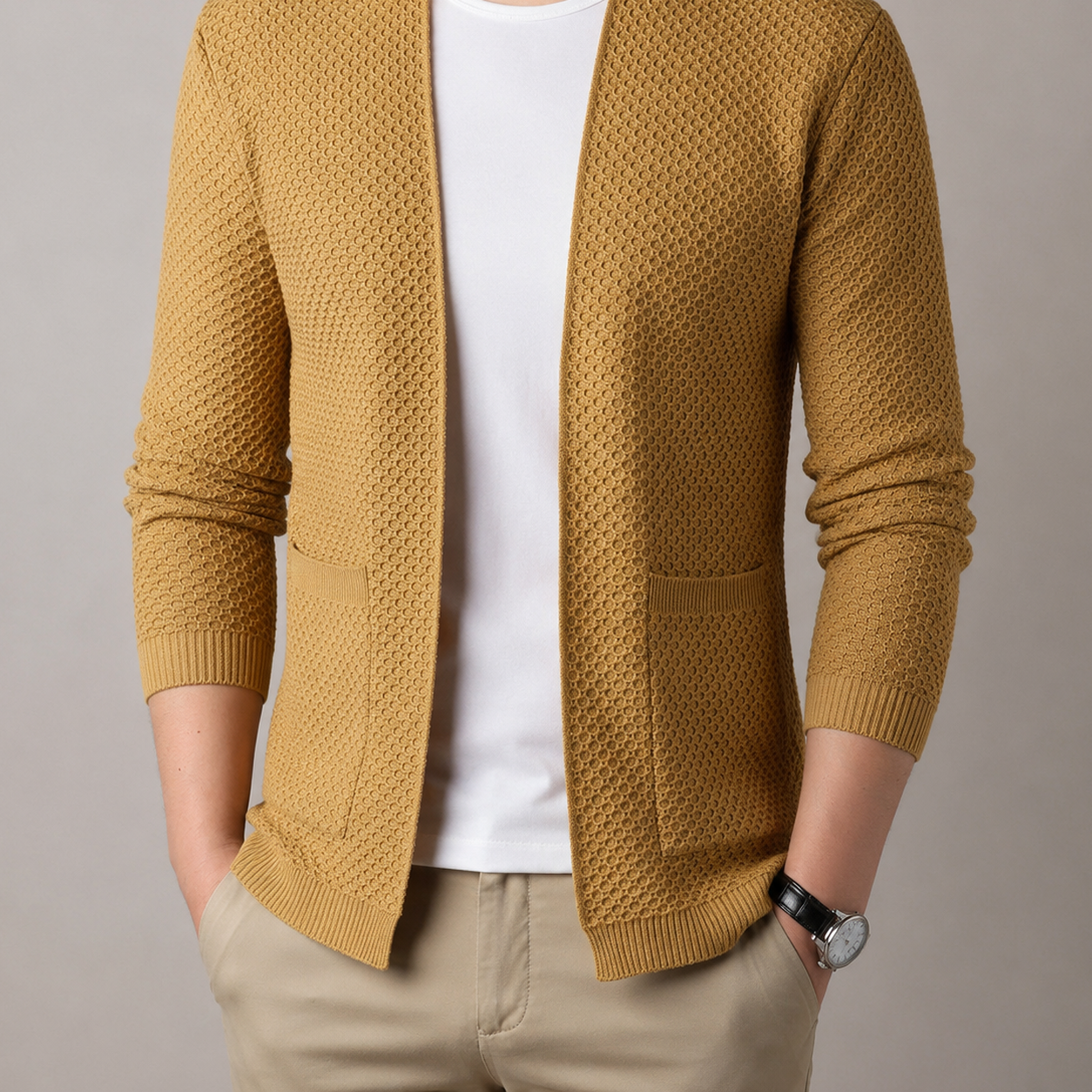 Men's Open Front Cardigan - Textured Knit Sweater