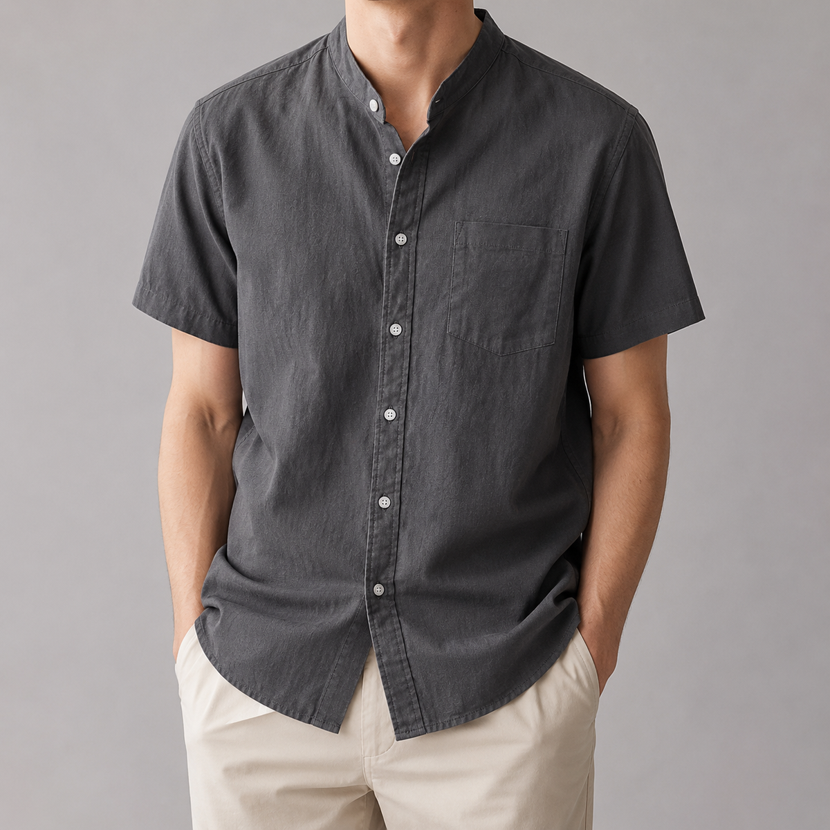Men's Band Collar Shirt - Short Sleeve Casual Button Down