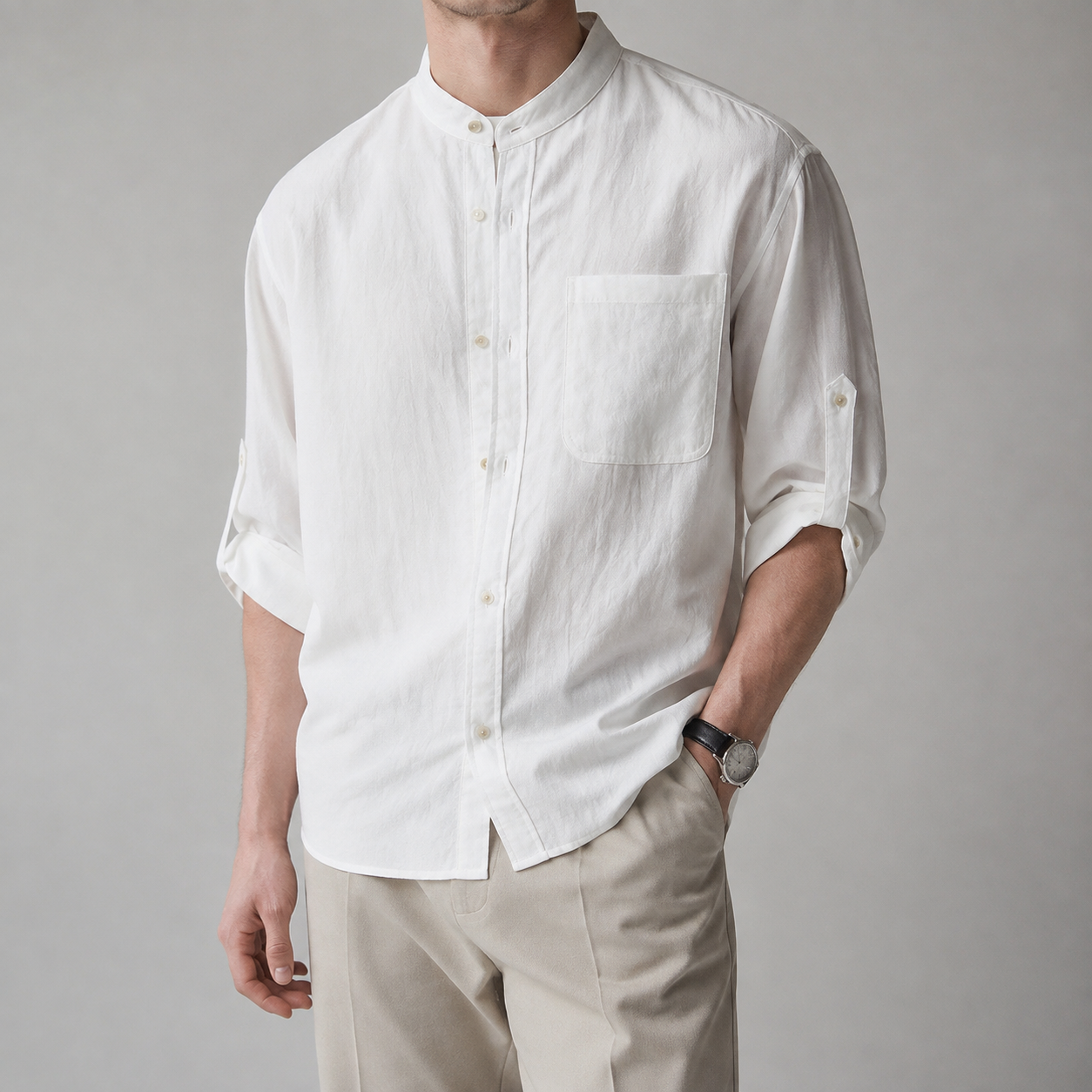 Men's Stand Collar Shirt - Casual Roll Sleeve Button Down