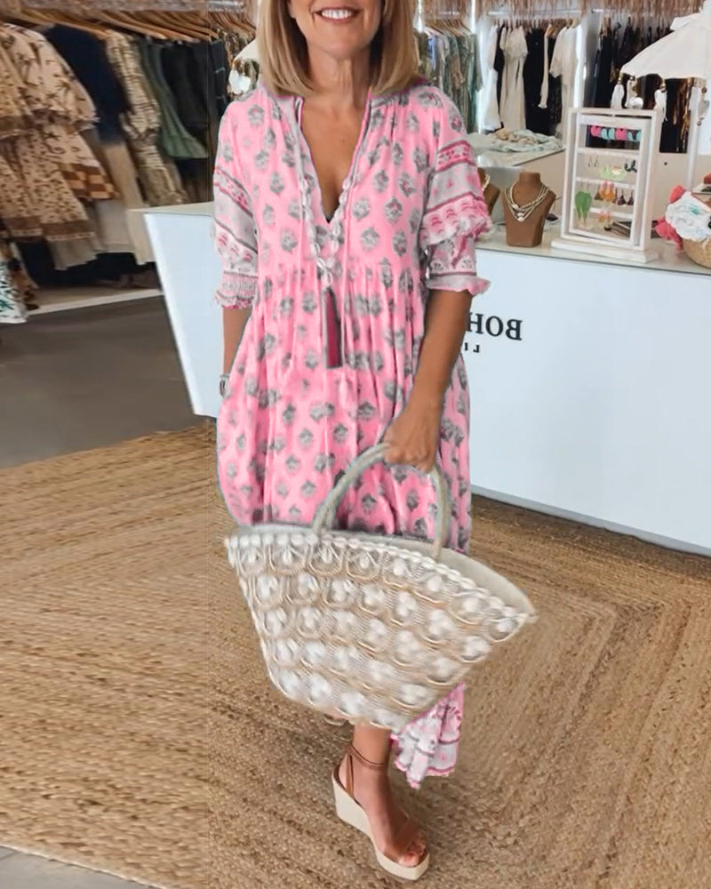 Nirareth | Boho V-Neck Printed Midi Dress | Wedding Guest