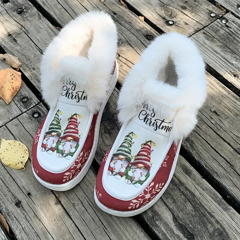 Women's Christmas Gnome Print Snow Boots Fuzzy Lined