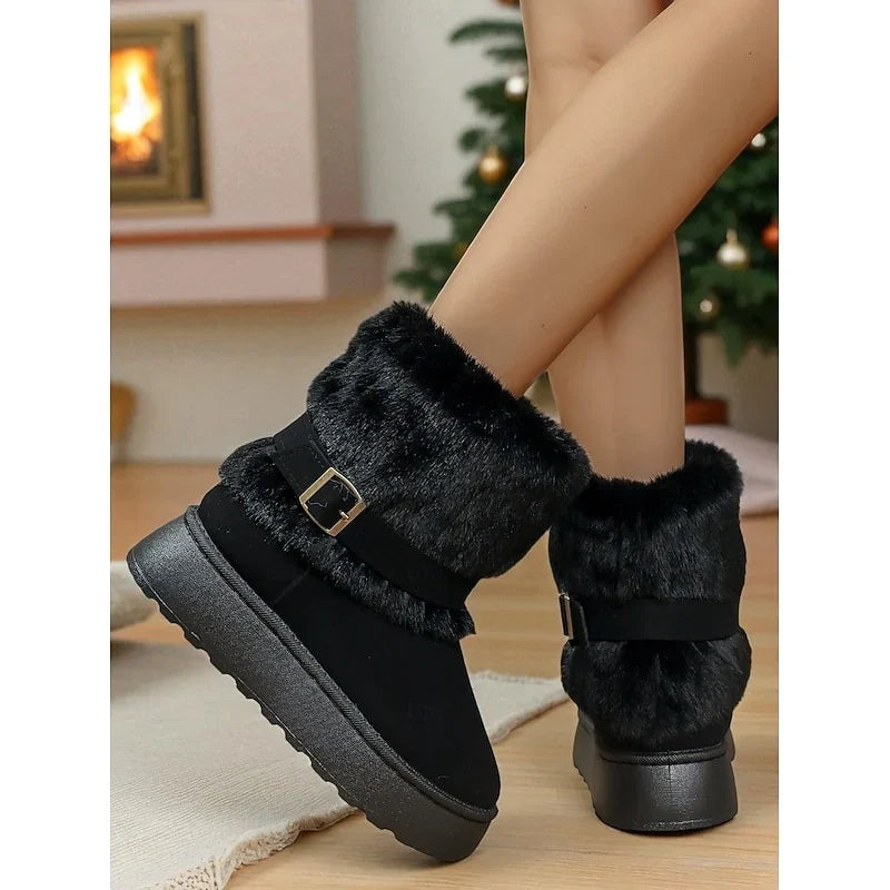 Women's Ankle Snow Boots Fur Trimmed Buckle Detail