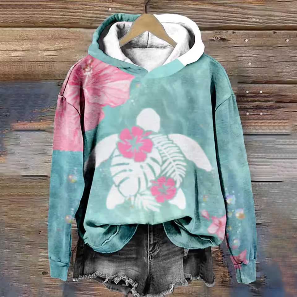 Women's Graphic Print Hoodie – Turtle and Floral Design