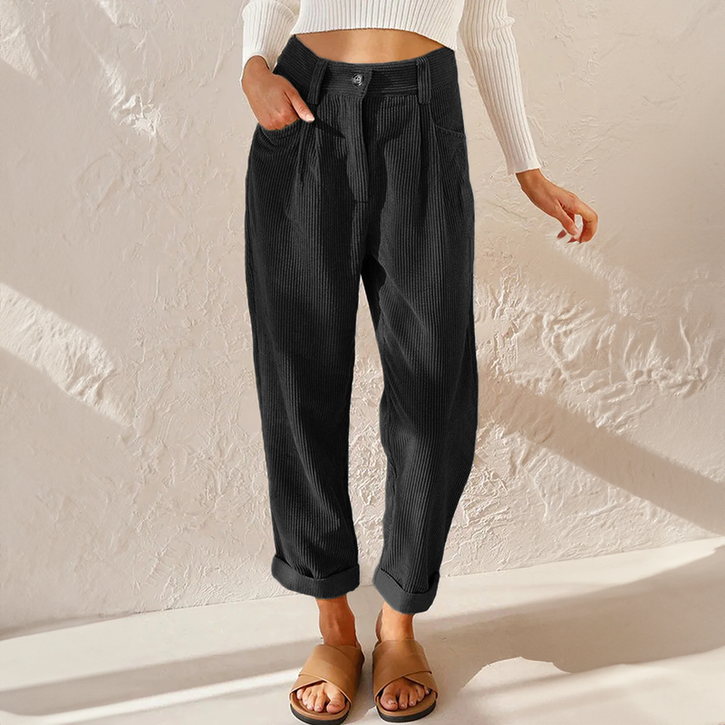 Tindralora | Wide-Leg Linen High Waist Corduroy Trousers with Relaxed Tapered Fit