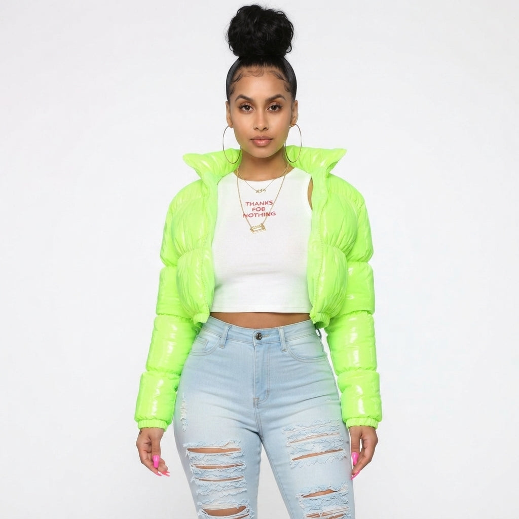 Women's Cropped Puffer Jacket - Glossy Winter Coat