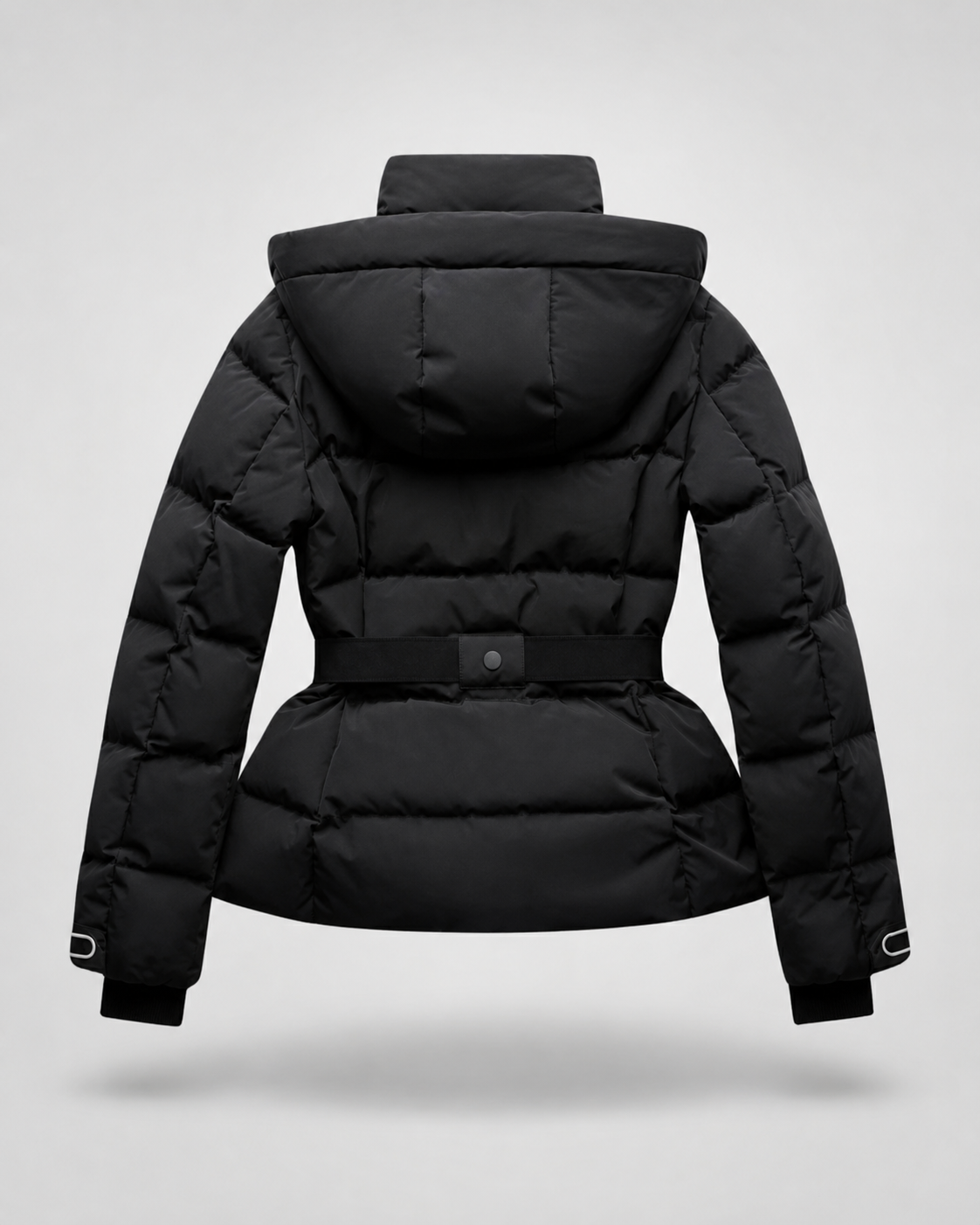 Women's Puffer Jacket - Hooded Belted Fitted Waist