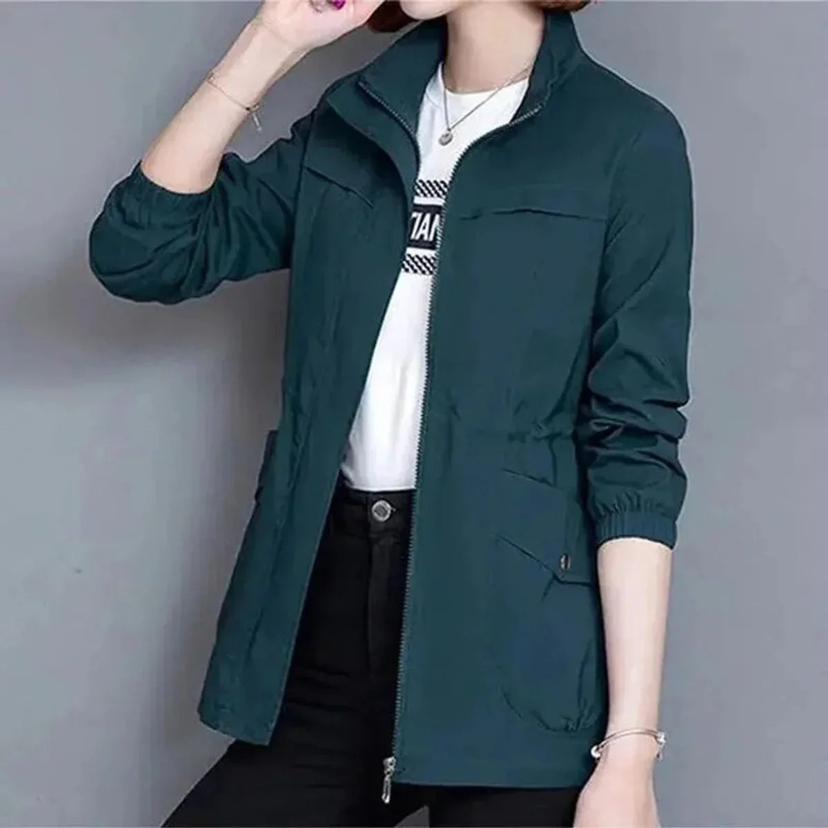 Women's Lightweight Bomber Jacket - Zip Up Drawstring Waist