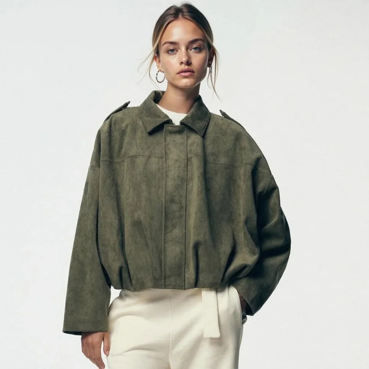Women's Faux Suede Bomber Jacket - Oversized Zip Front