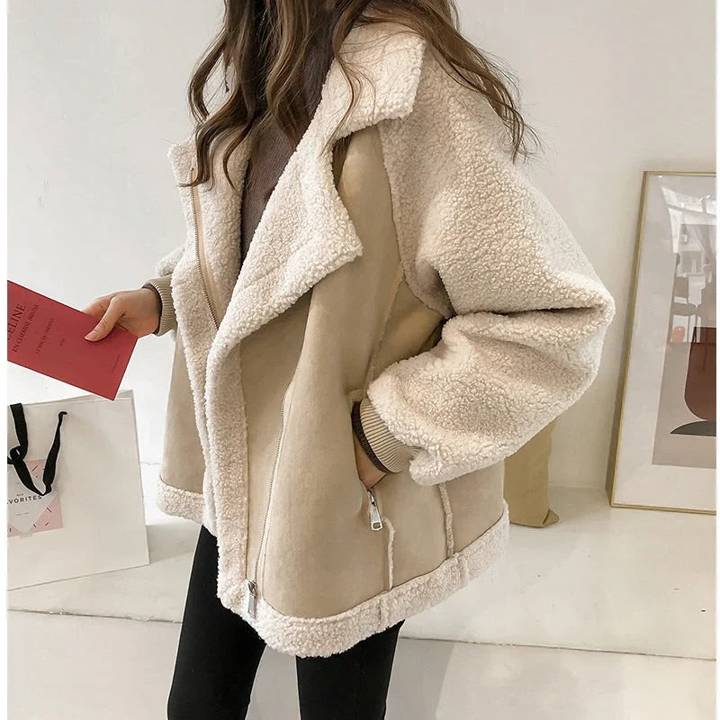 Women's Sherpa-Lined Bomber Jacket – Oversized Zip-Up