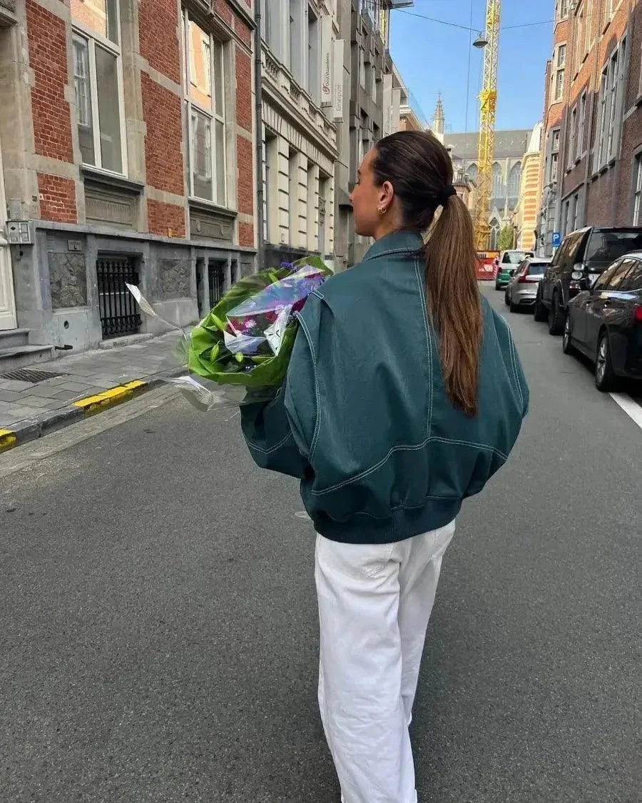 Women's Oversized Bomber Jacket - Contrast Stitch Starter Jacket