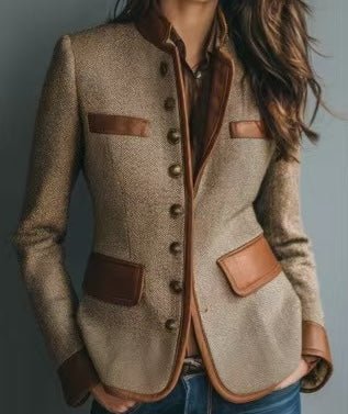 Women's Brown Leather Jacket - Tweed Collar Button Front