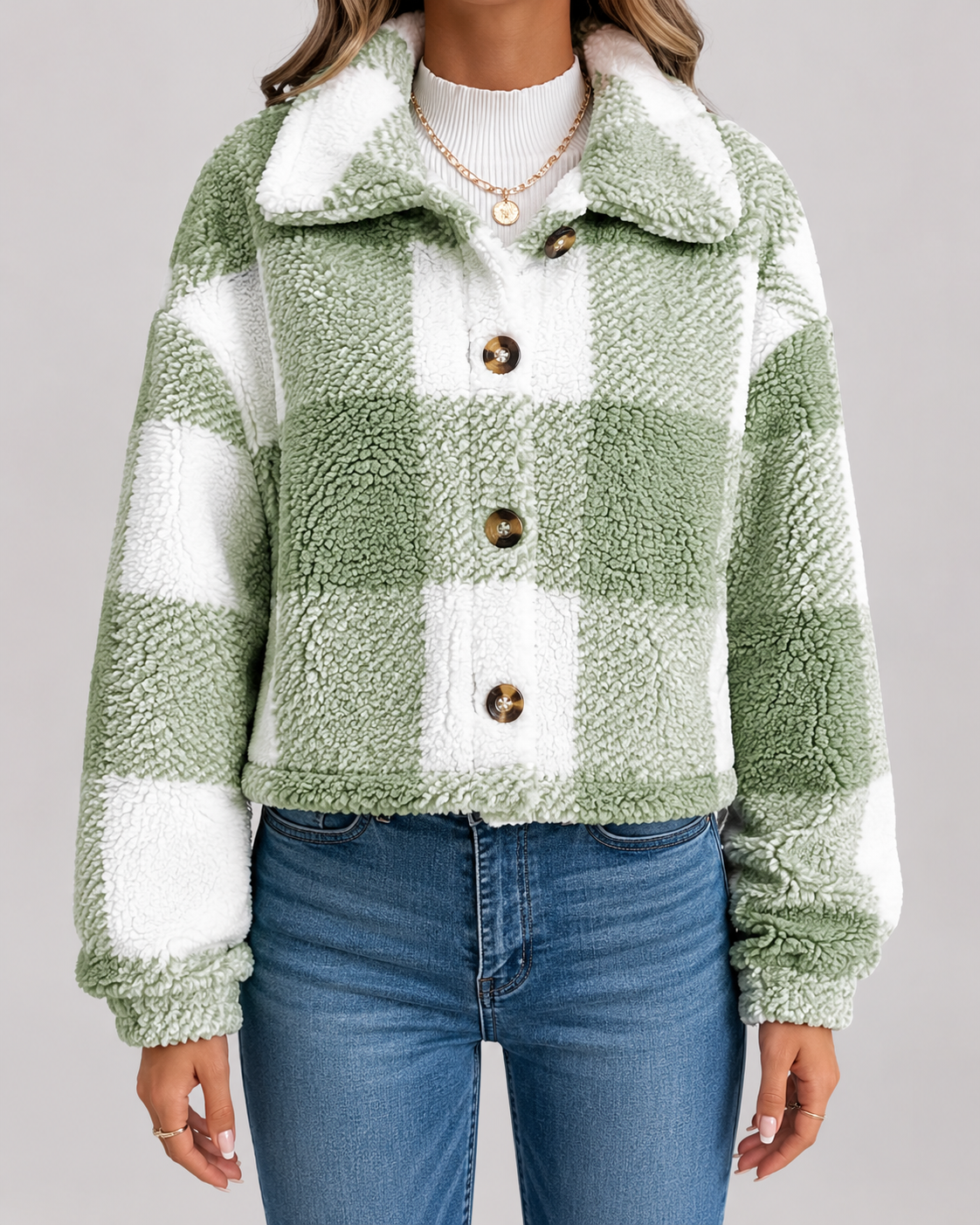 Women's Teddy Fleece Jacket - Check Print Winter Casual Coat