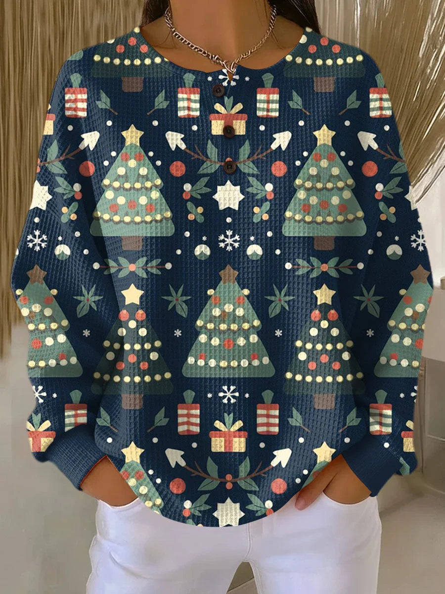 Women's Christmas Sweater – Waffle Knit Button Neck