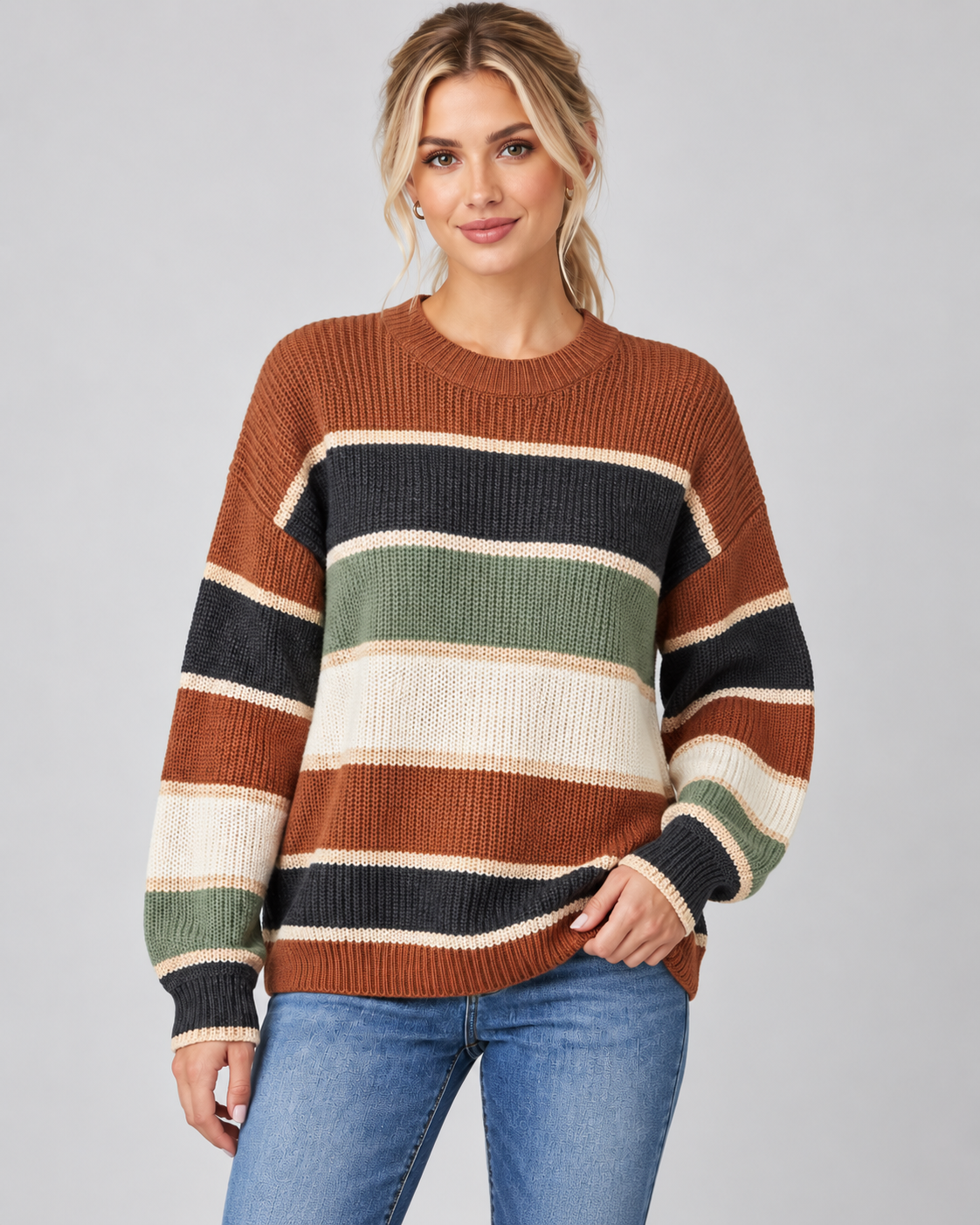 Women's Color Block Sweater - Crew Neck Relaxed Fit