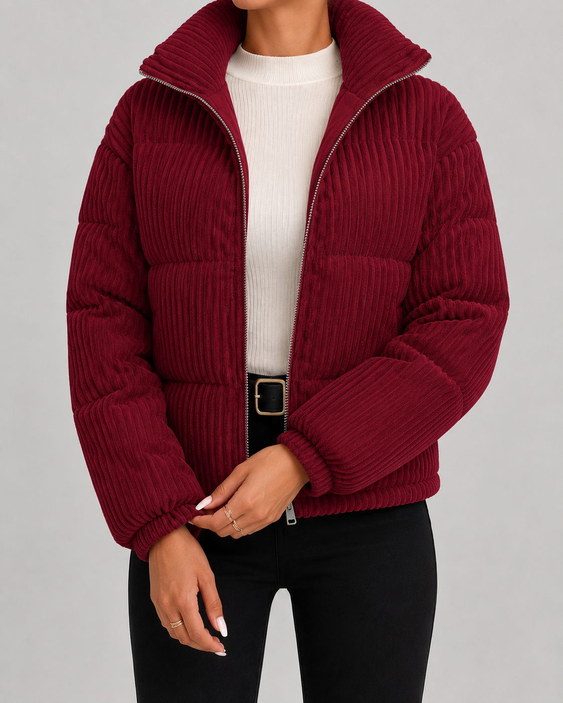 Women's Puffer Jacket - Corduroy Quilted Funnel Neck