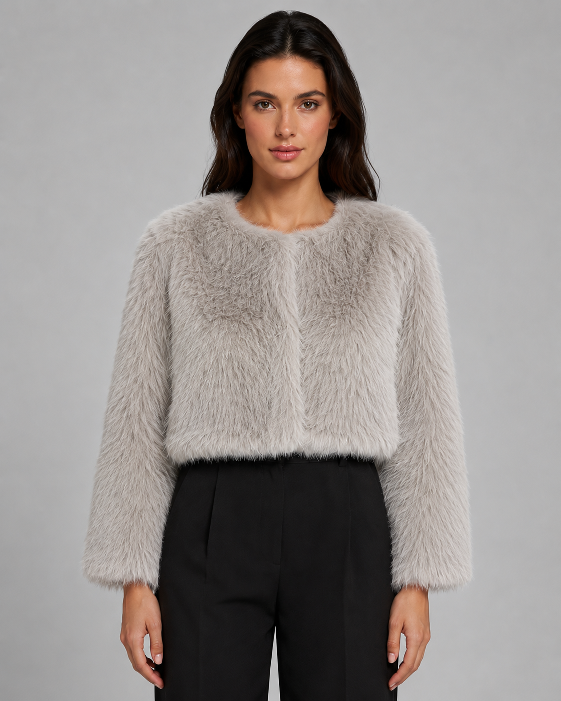 Women's Faux Fur Jacket - Cropped Collarless Winter Coat
