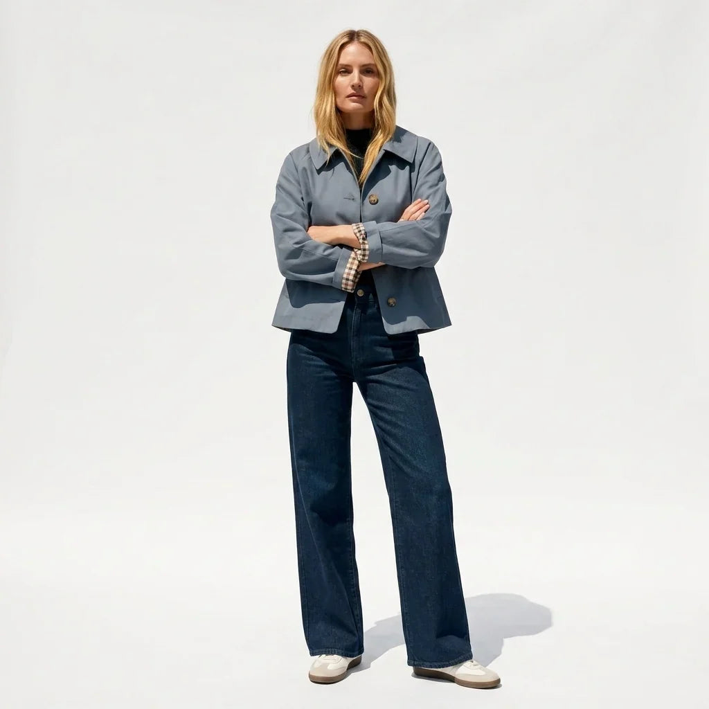 Women’s Cropped Denim Jacket - Oversized Fit Gingham Cuffs
