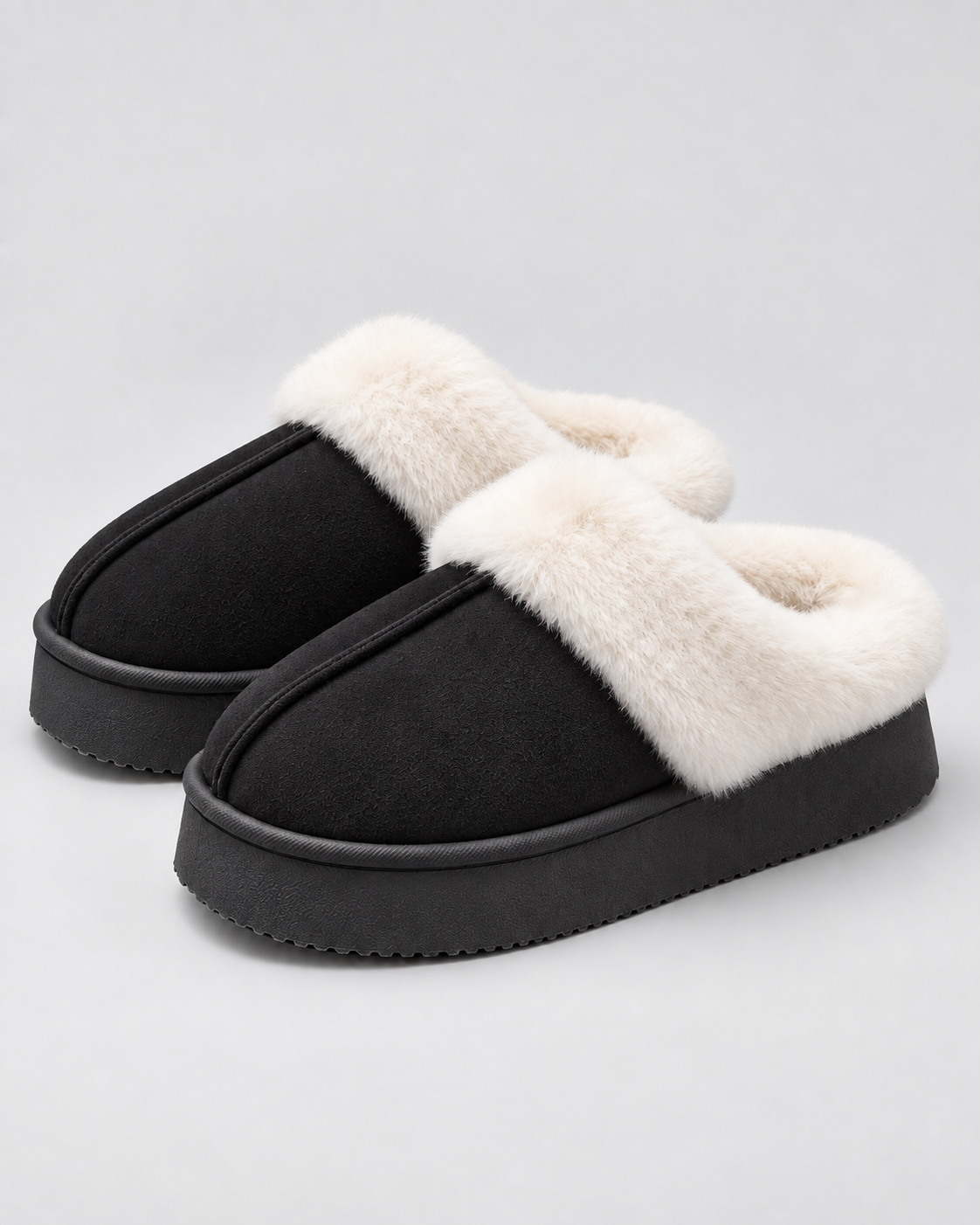 Women's Fur Trim Slippers - Platform Closed Toe Backless