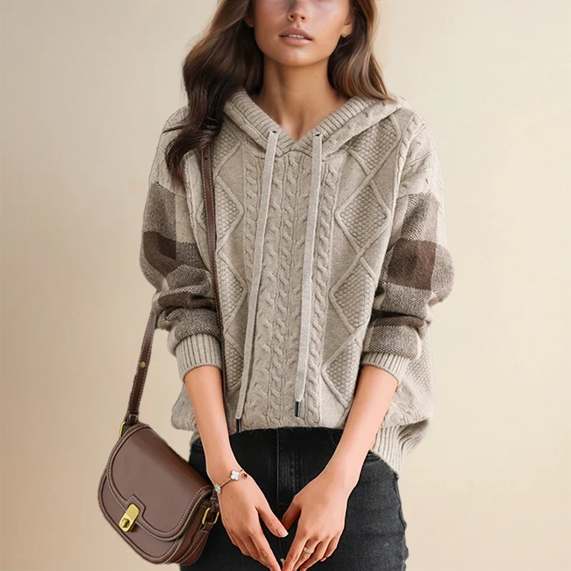 Women's Cable Knit Hoodie Sweater – Drawstring Long Sleeve