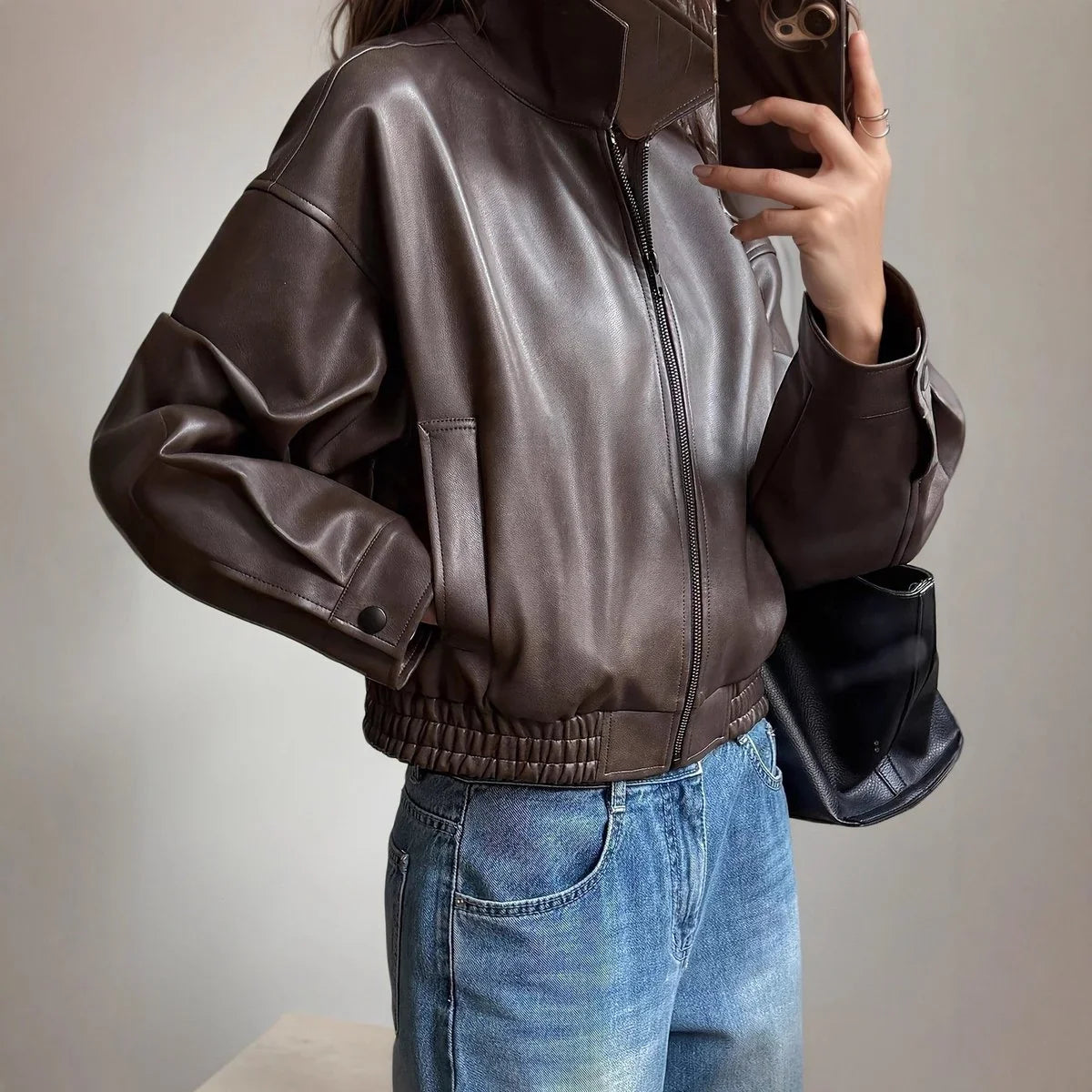 Women's Cropped Leather Bomber Jacket - Zip Up Jacket
