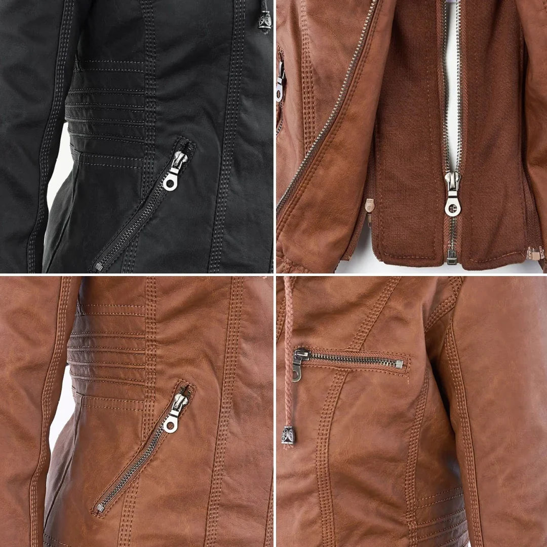 Women’s Leather Moto Jacket - Hooded Zip Front