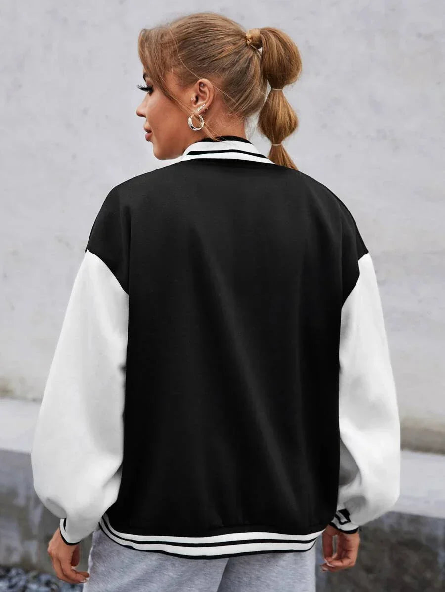 Women's Letterman Jacket - Black White Varsity Snap Front