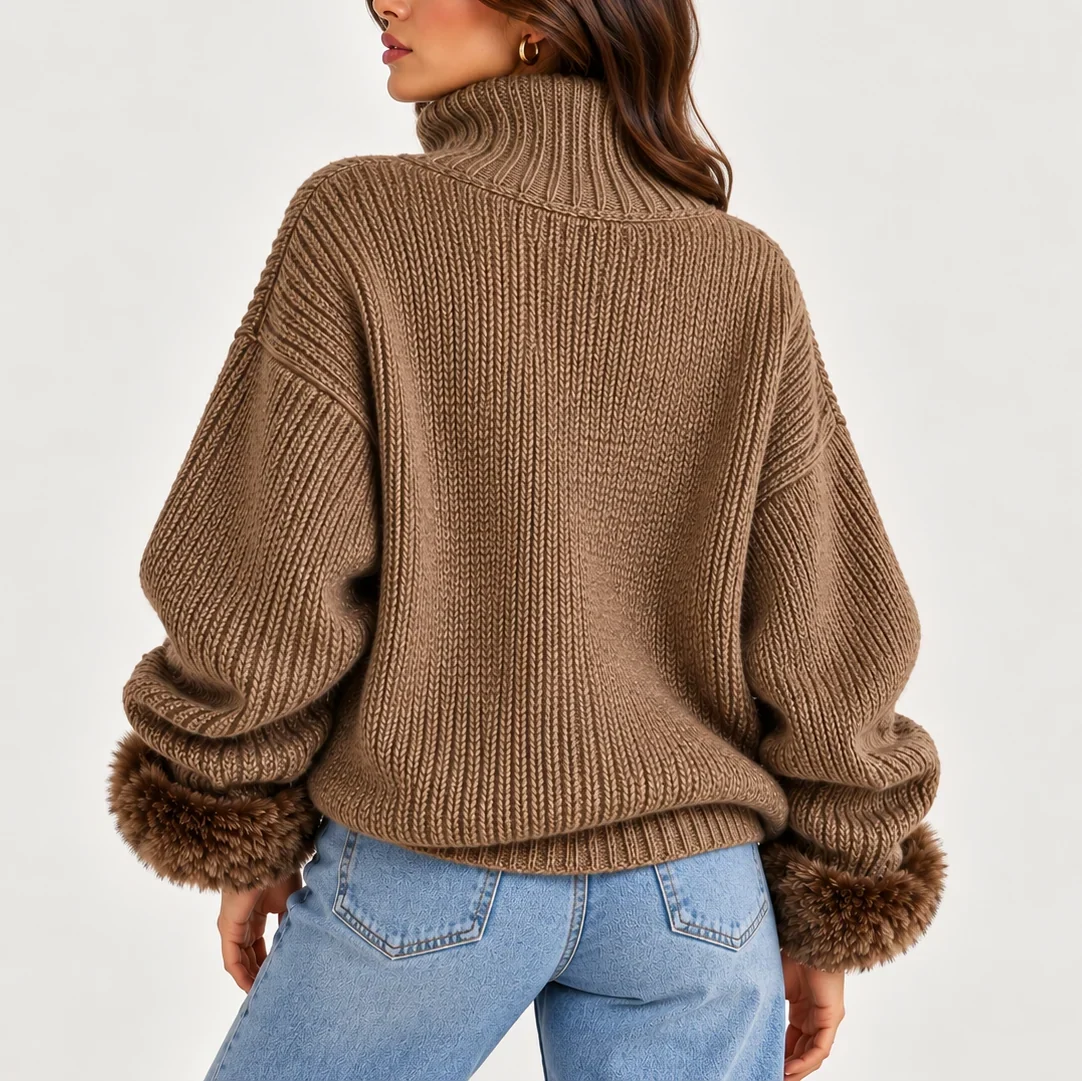 Women's Half-Zip Sweater – High Neck Faux Fur Trim