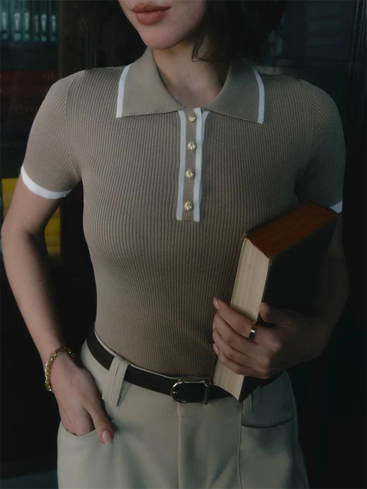 Women's Ribbed Knit Polo Shirt – Short Sleeve