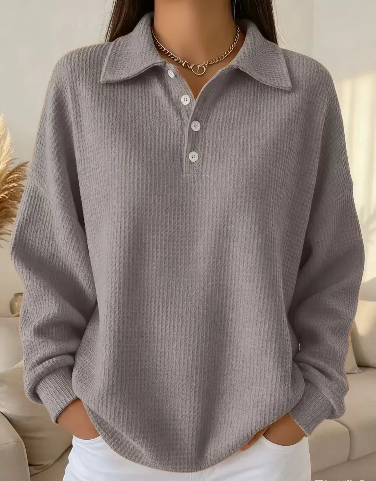 Women's Waffle Knit Polo Sweater – Long Sleeve