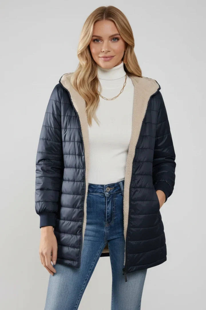 Women's Quilted Jacket - Hooded Zip Front Winter Jacket