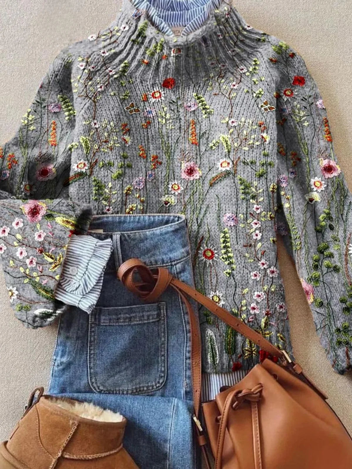 Women's Floral Knit Sweater – Mock Neck Long Sleeve