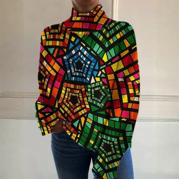 Women's Geometric Print Sweatshirt – Mock Neck Long Sleeve