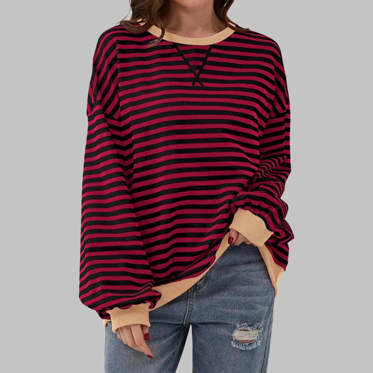 Women's Oversized Striped Sweatshirt – Crewneck Long Sleeve