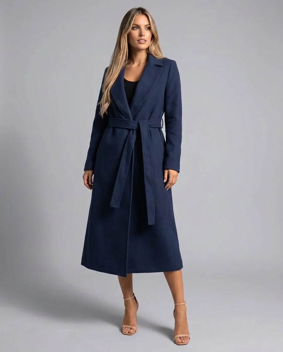 Women's Wool Blend Trench Coat - Belted Long Winter Coat
