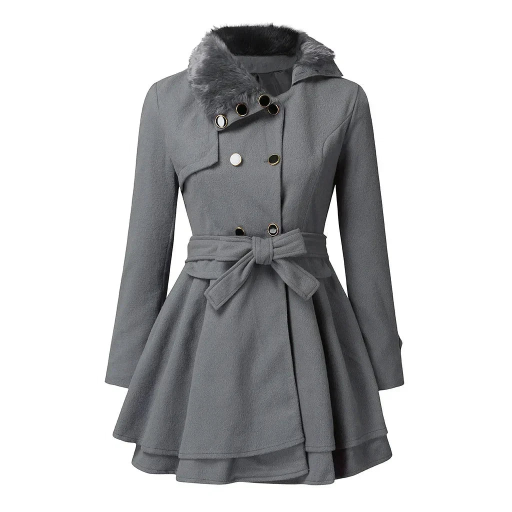 Women's Trench Coat - Faux Fur Collar Double Breasted Belted